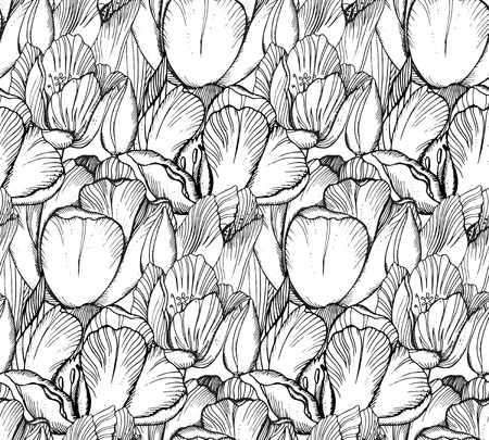Vector seamless pattern with graphic spring flowers (tulips) in vintage style.のイラスト素材