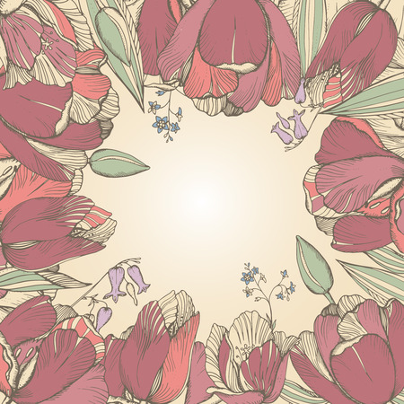Vector elegance floral background with graphic spring flowers (tulips) in vintage style.Template for greeting cardのイラスト素材