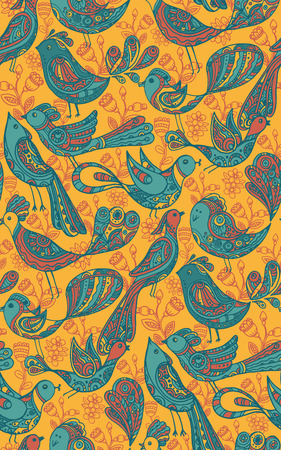 Seamless vector pattern with cute colorful ornamental birds and flowers in vintage styleのイラスト素材