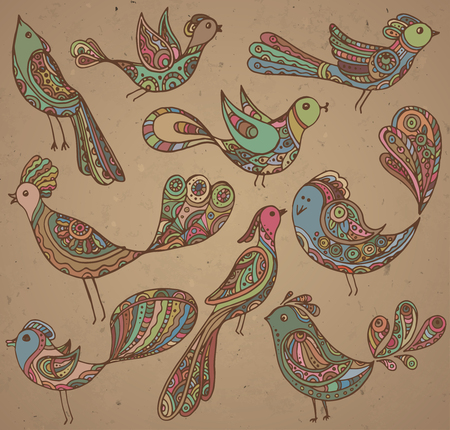 Set of cute ornamental  hand drawn birds in vintage styleのイラスト素材
