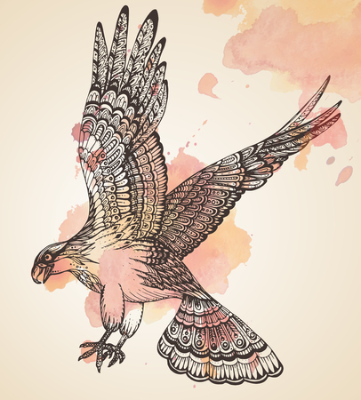 hand drawn illustration of decorative ornamental eagle on grunge watercolor backgroundのイラスト素材