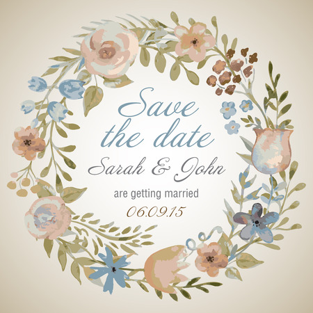 Watercolor wreath with flowers and leaves in vintage style. Wedding invitation templateのイラスト素材