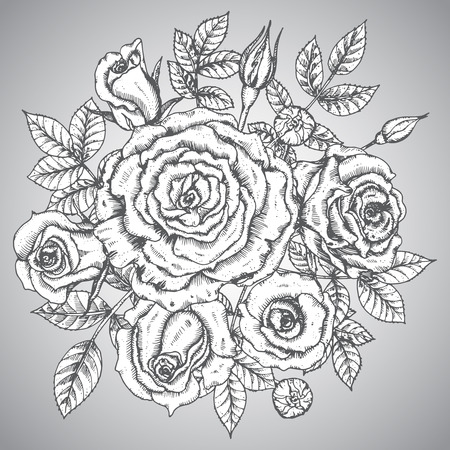 Vintage elegant bouquet with graphic flowers (roses). Hand drawn vector illustrationのイラスト素材