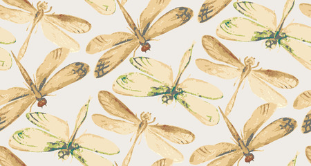 Seamless pattern with hand drawn watercolor dragonflies in vintage style. Vector illustrationのイラスト素材