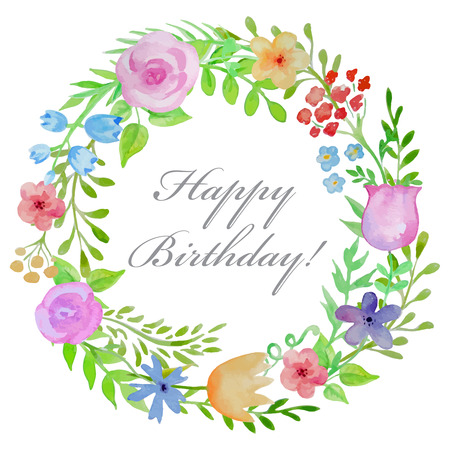 Watercolor vector wreath with flowers and leaves on white background. Wedding invitation templateのイラスト素材