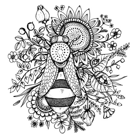 Beautiful vector illustration with bee, flowers and berries in graphic doodle styleのイラスト素材