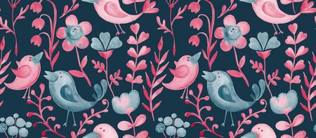 Beautiful hand drawn seamless pattern with floral elements and birds. Vector watercolor background.のイラスト素材