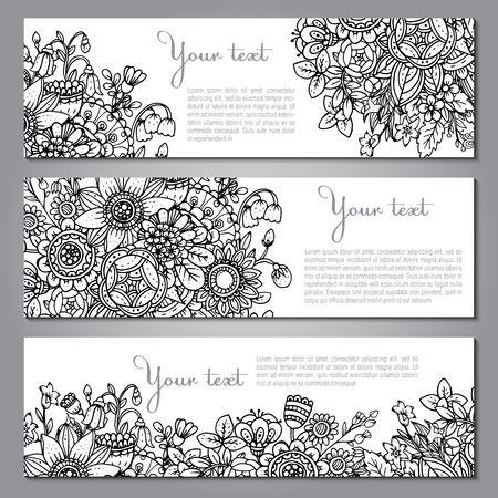 Three vector banners with beautiful monochrome floral pattern in doodle styleのイラスト素材