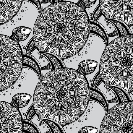 Vector seamless monochrome pattern. Hand drawn black doodle turtles on white background.のイラスト素材
