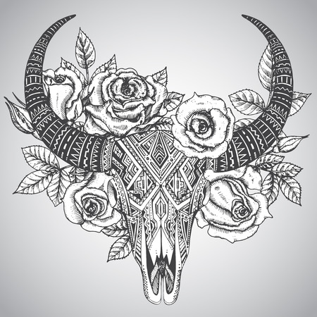 Decorative indian bull skull in tattoo tribal style with flowers roses and leaves. Hand drawn vector illustrationのイラスト素材