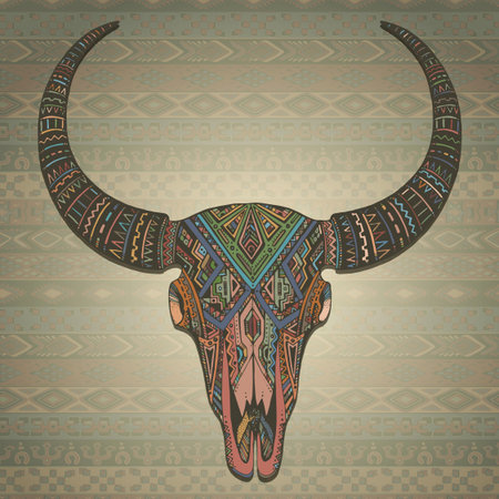 Decorative indian bull scull in tribal style on ornamental background. Hand drawn vector illustrationのイラスト素材