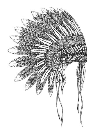 Native American indian headdress with feathers in a sketch style. Hand drawn vector illustration.のイラスト素材