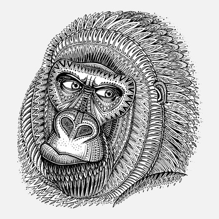 Patterned head of the gorilla in graphic ornamental style. Tattoo design. It may be used for design of a t-shirt, bag, postcard, a poster and so on.のイラスト素材