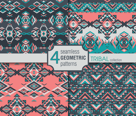 Set of four ethnic seamless patterns. Geometric endless backgrounds. Vector illustration.のイラスト素材