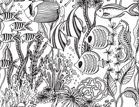 Vector monochrome seamless sea pattern with tropical fishes, algae, corals. Underwater world. Black and white hand drawn illustrationのイラスト素材