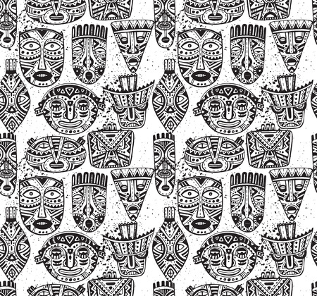 Seamless vector pattern with hand drawn fancy masks in african style. Black and white tribal ethnic illustrationのイラスト素材
