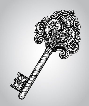 hand drawn antique ornate door or gate key in black and white style. Beautiful illustration with vintage pattern.のイラスト素材