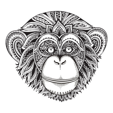 Hand drawn monochrome vector illustration of ornate zentagle chimpanzee monkey. Ethnic graphic tattoo style.のイラスト素材