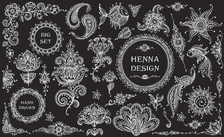 Big vector Set of henna floral and animal elements and frames based on traditional Asian ornaments. Paisley Mehndi Tattoo Doodles collectionのイラスト素材
