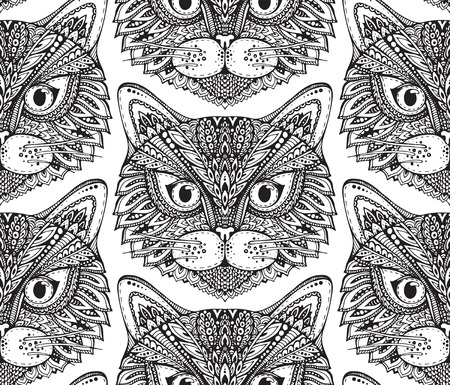 Seamless pattern with hand drawn ornate doodle graphic monochrome cat faces.のイラスト素材