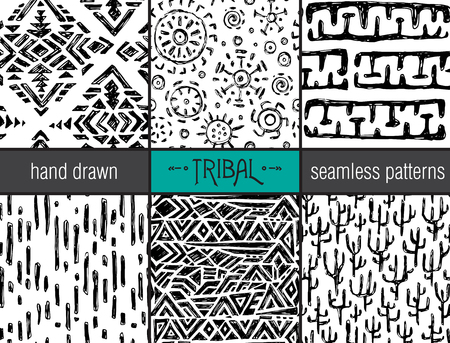 Set of six hand drawn ethnic tribal seamless black and white background patterns.のイラスト素材