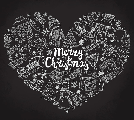Set of hand drawn winter holiday elements in heart form. Warm clothes, hat, sleigh, scarf, sweater, snowman, ski, tree and other. Beautiful Christmas greeting cardのイラスト素材