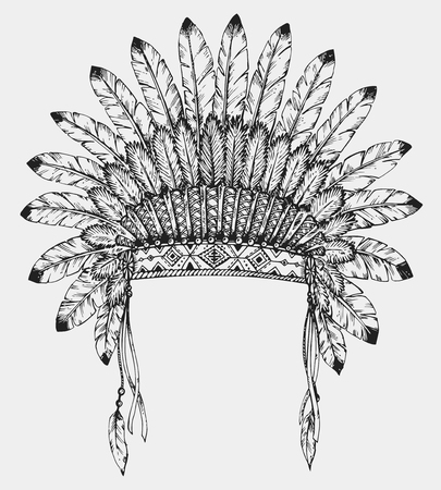 Native American indian headdress with feathers in sketch style. Hand drawn vector illustration.のイラスト素材