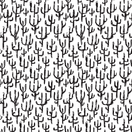  ethnic seamless pattern with tribal abstract elements, trees and cactus in black and white doodle sketch styleのイラスト素材