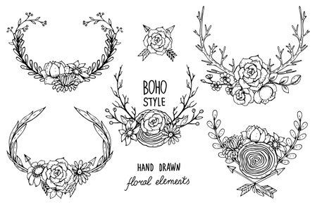 Collection of  floral elements in boho style: leaves, flowers, branches and wreathes with arrowsのイラスト素材