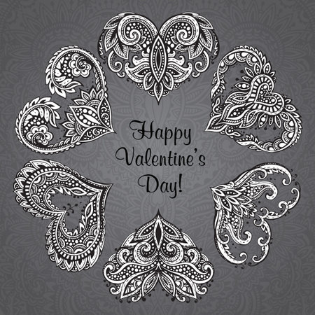 Greeting card for Valentine's day with hand drawn ornate hearts in flower form. Vector romantic illutrationのイラスト素材
