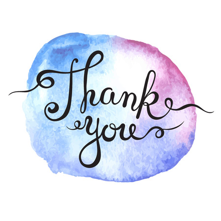 Hand lettering words Thank you on blue and pink watercolor abstract background. Handmade calligraphy, vector illustrationのイラスト素材