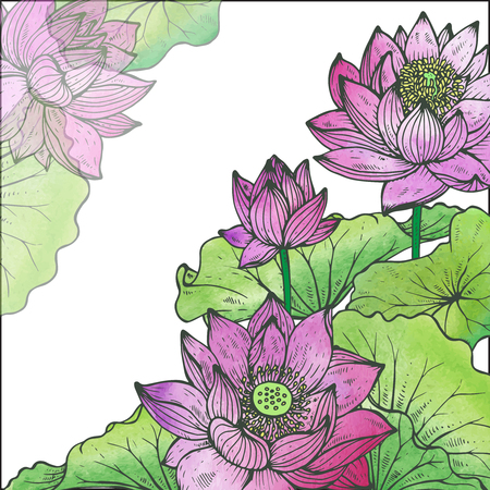 Beautiful vector floral frame with lotus flowers and leaves in graphic style with watercolor texture.のイラスト素材