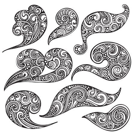 Set of hand drawn doodle sea waves isolated on white background. Black and white illustration with fancy design elements.のイラスト素材