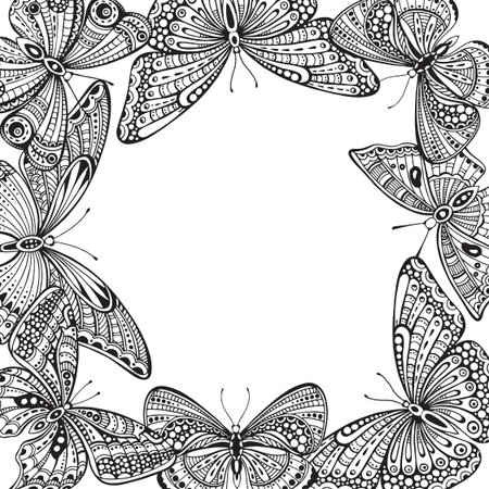 Vector template for greeting card or invitation with ornate doodle hand drawn butterflies.  Beautiful black and white vector frameのイラスト素材
