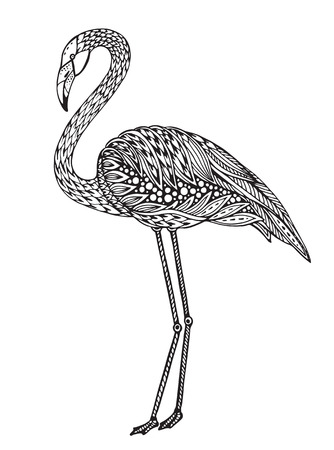 Hand drawn flamingo bird in ornate fancy doodle style. Black and white Vector illustration for print, coloring book.のイラスト素材