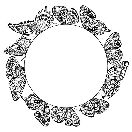 Vector template for greeting card or invitation with ornate doodle hand drawn butterflies.  Beautiful black and white vector frameのイラスト素材