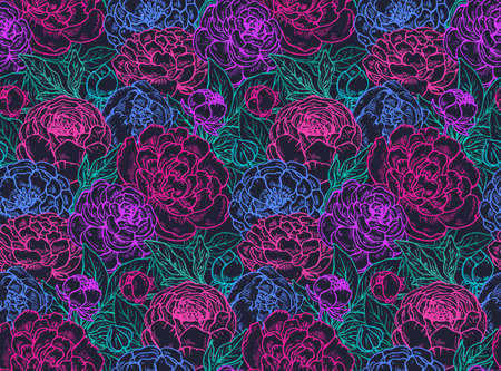 seamless pattern with hand drawn peony flowers. Colorful endless background.のイラスト素材