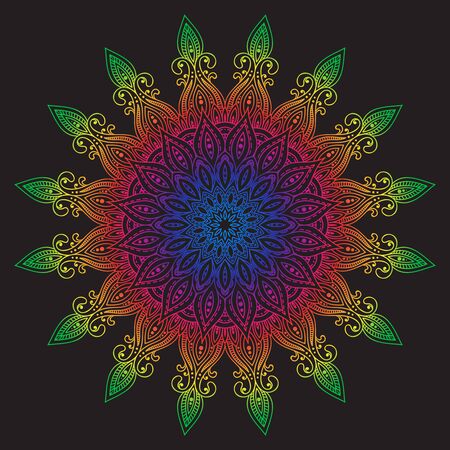 Abstract vector color design mandala, decorative element. Traditional oriental ornament on black backgroundのイラスト素材