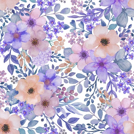 Seamless pattern with hand drawn flowers. Colorful beautiful endless image on white background. Watercolor artの写真素材