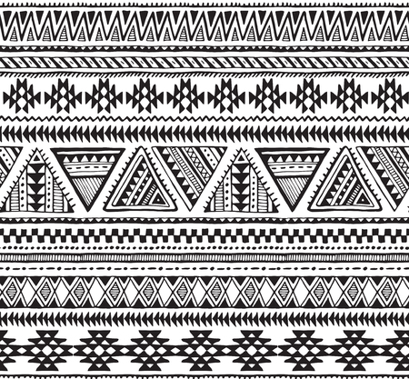 Vector seamless pattern with black and white hand drawn ethnic elements. Geometric design with triangle forms and stripes. Folk motif for print, web, textile, wrapping paperのイラスト素材