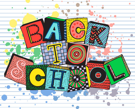 Hand drawn phrase back to school in doodle fancy style. Fancy letters on blocks with different textures and splash. Colorful vector illustrationのイラスト素材