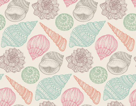 Seamless pattern with hand drawn ornate seashells. Marine background. Vector endless background in graphic style for greetings, invitations, wrapping paper, textile and web design.のイラスト素材