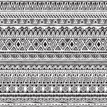 Vector seamless pattern with black and white hand drawn ethnic elements. Geometric design with stripes. Folk motif for print, web, textile, wrapping paperのイラスト素材