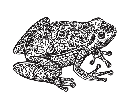 Black and white hand drawn ornate doodle frog in graphic style isolated on white background. Vector illustration with floral decorative ornamentのイラスト素材