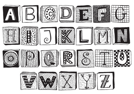Hand drawn fancy alphabet on blocks, funny doodle letters. Vector set of Black and white letters, frames with different texturesのイラスト素材