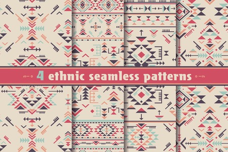 Set of four colorful ethnic seamless patterns with geometric shapes. Tribal ornate abstract endless background. Stylish trendy fabric. Vector illustration.のイラスト素材