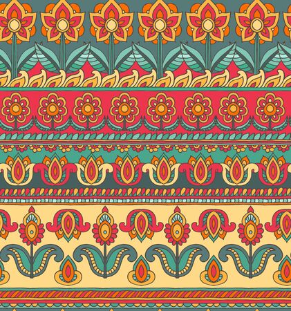 Vector seamless pattern with hand drawn doodle flowers in stripe ornament. Graphic style. Colorful image. For print, web, textile, wrapping paper.のイラスト素材