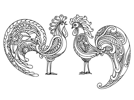 Black and white hand drawn vector illustration of two fiery roosters in doodle ornate style. Beautiful floral pattern. symbol of the new yearのイラスト素材