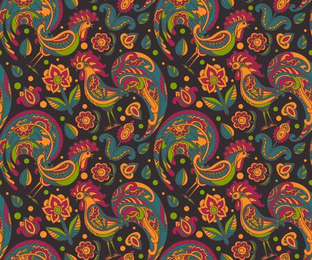 Vector seamless pattern with roosters and flowers. Beautiful colorful endless background with 2017 Chinese New Year Symbols.のイラスト素材