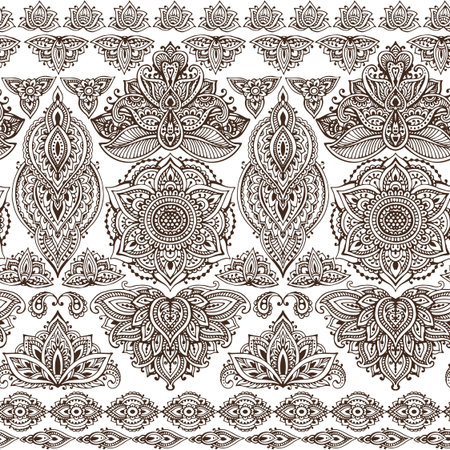 Vector seamless pattern with hand drawn henna mehndi floral elements. Beautiful endless background in oriental indian styleのイラスト素材